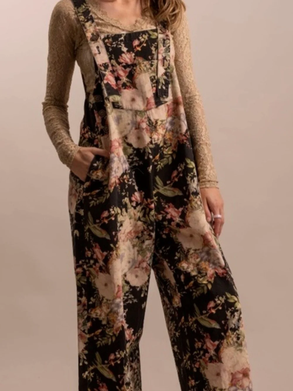 Blue Velvet Floral Print Women Jeans Overalls - Black Floral